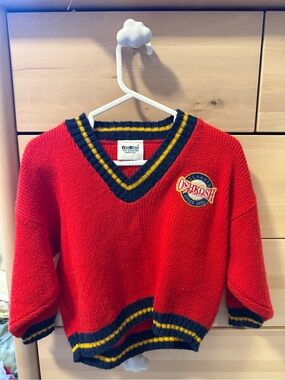 Vintage OshKosh Red V-Neck Sweater with Navy & Yellow Trim